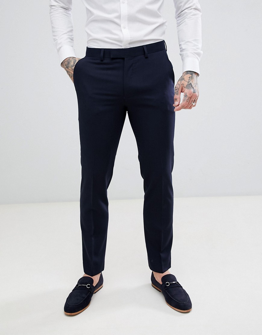 Harry Brown - Smalle 50% wollen pantalon met split in marineblauw