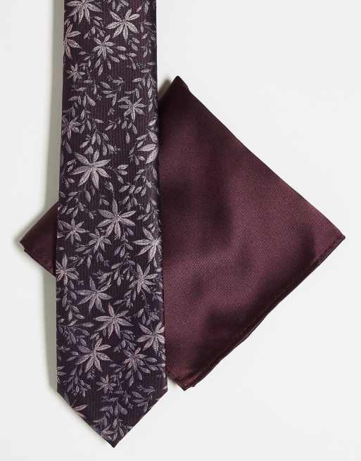 Harry Brown - Stropdas met bloemenprint in bordeauxrood en bordeauxrode pochet