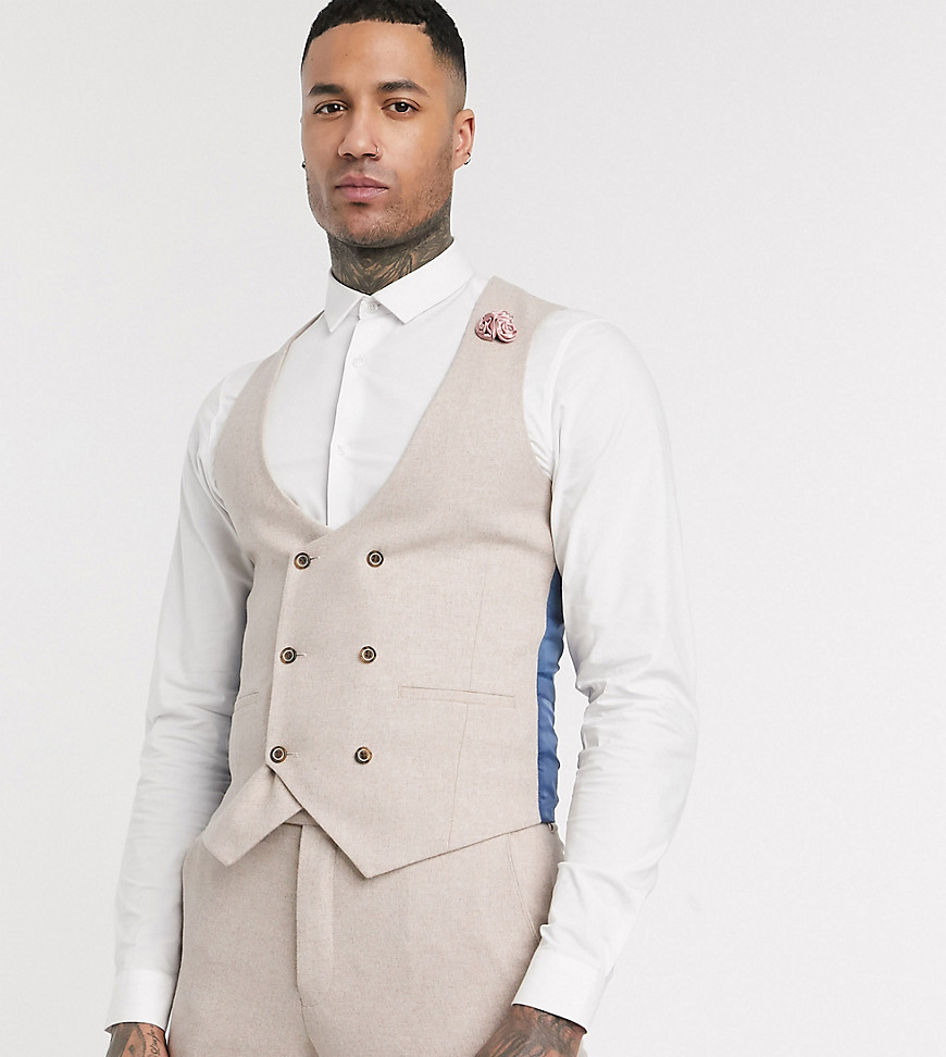 Harry Brown Tall – Bröllop – Dubbelknäppt kostymväst i tunn tweed med smal passform-Natur