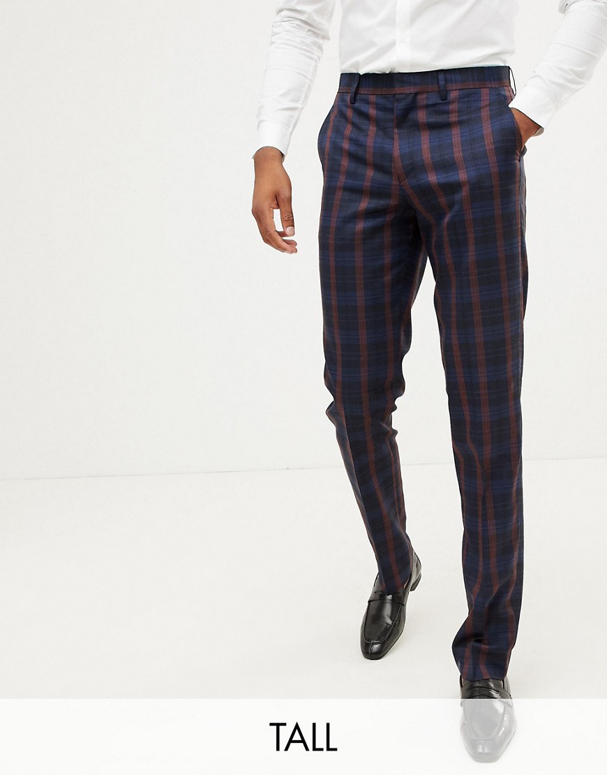 Harry Brown - Tall - Marineblauwe en bordeauxrode geruite slim-fit pantalon