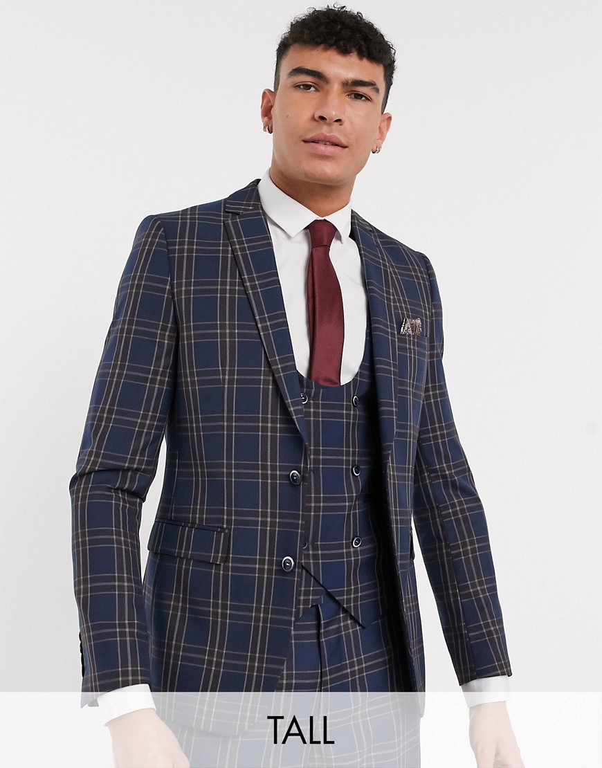 Harry Brown Tall slim fit blue and brown overcheck suit jacket-Navy