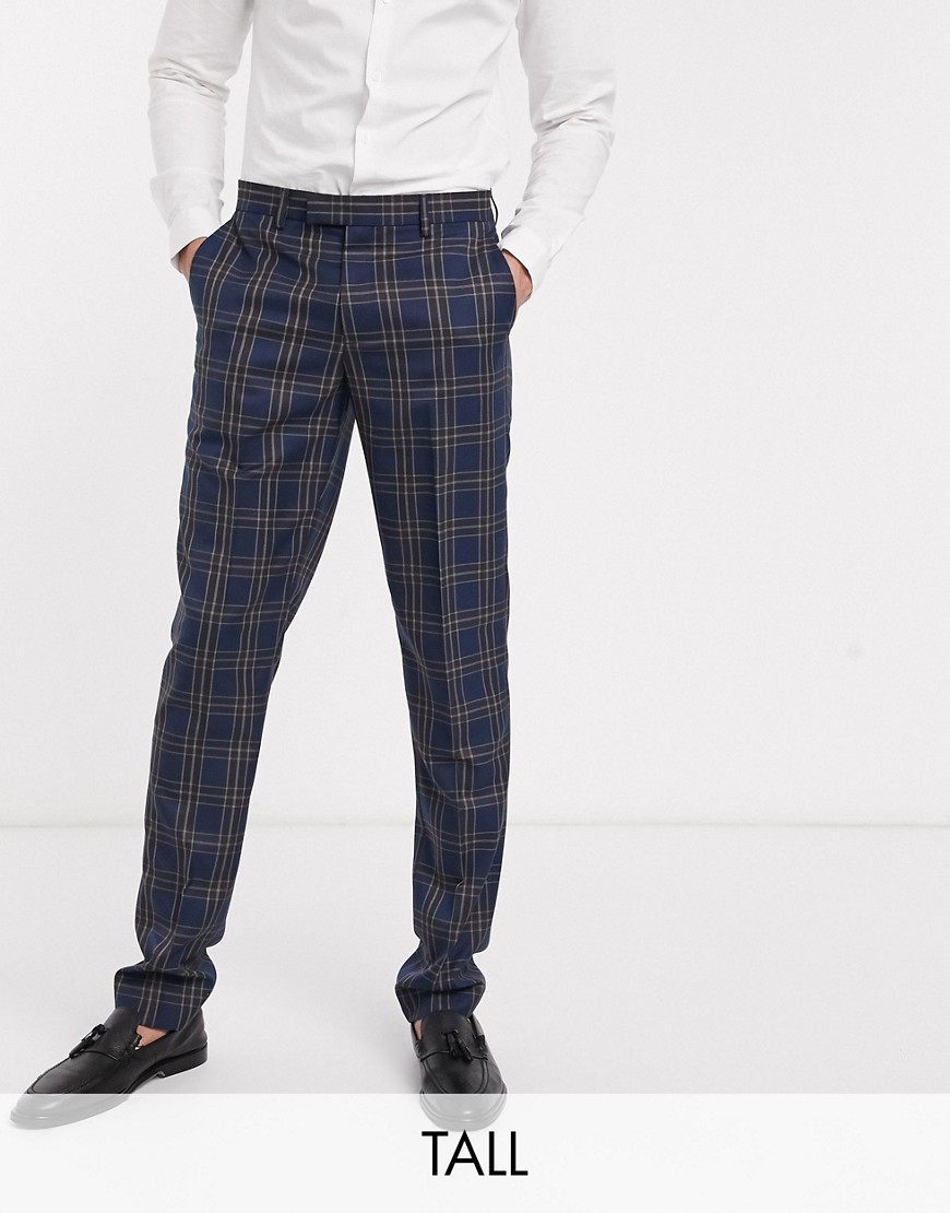 Harry Brown Tall slim fit blue and brown overcheck suit trousers-Navy