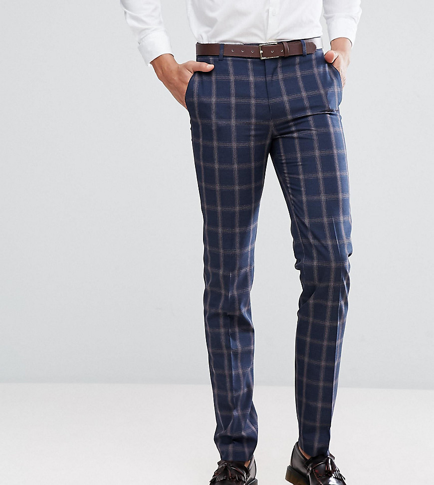 Harry Brown TALL - Slim-fit pantalon met blauwe Schotse ruit-Marineblauw