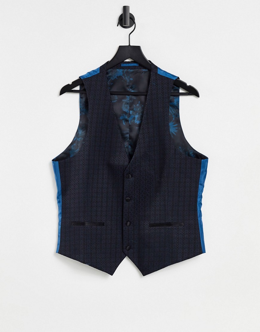 Harry Brown Tile Jacquard Skinny Fit Suit Dinner waistcoat-Navy