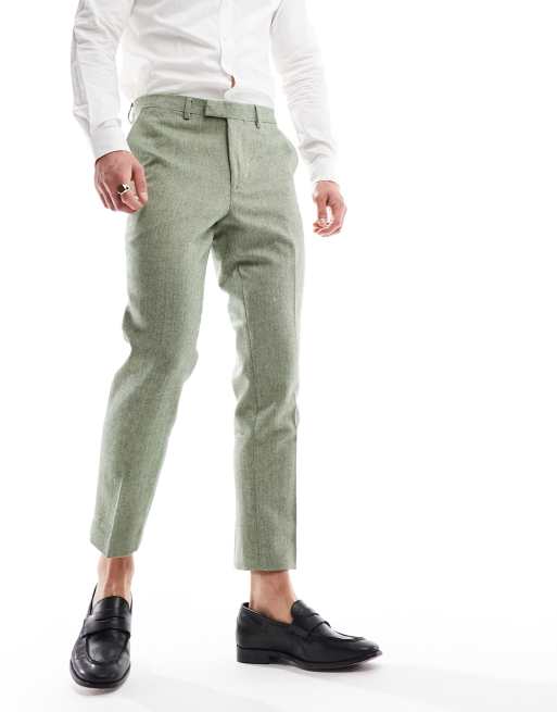 Harry Brown Wedding - Ankellage habitbukser med sildebensmønster i grøn tweed-uldblanding i slim fit