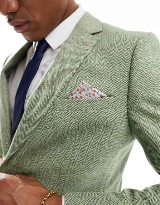 Harry Brown Wedding - Grøn Slim Fit-habitjakke med sildebensmønster i uldblanding, 5 af 5