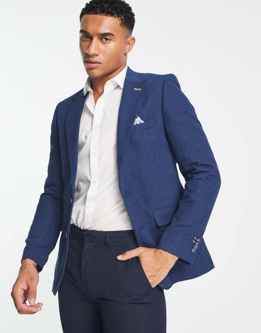 Navy linen suit store wedding