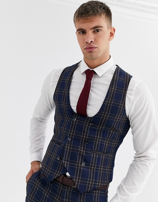 Harry Brown wedding slim fit blue and brown overcheck waistcoat