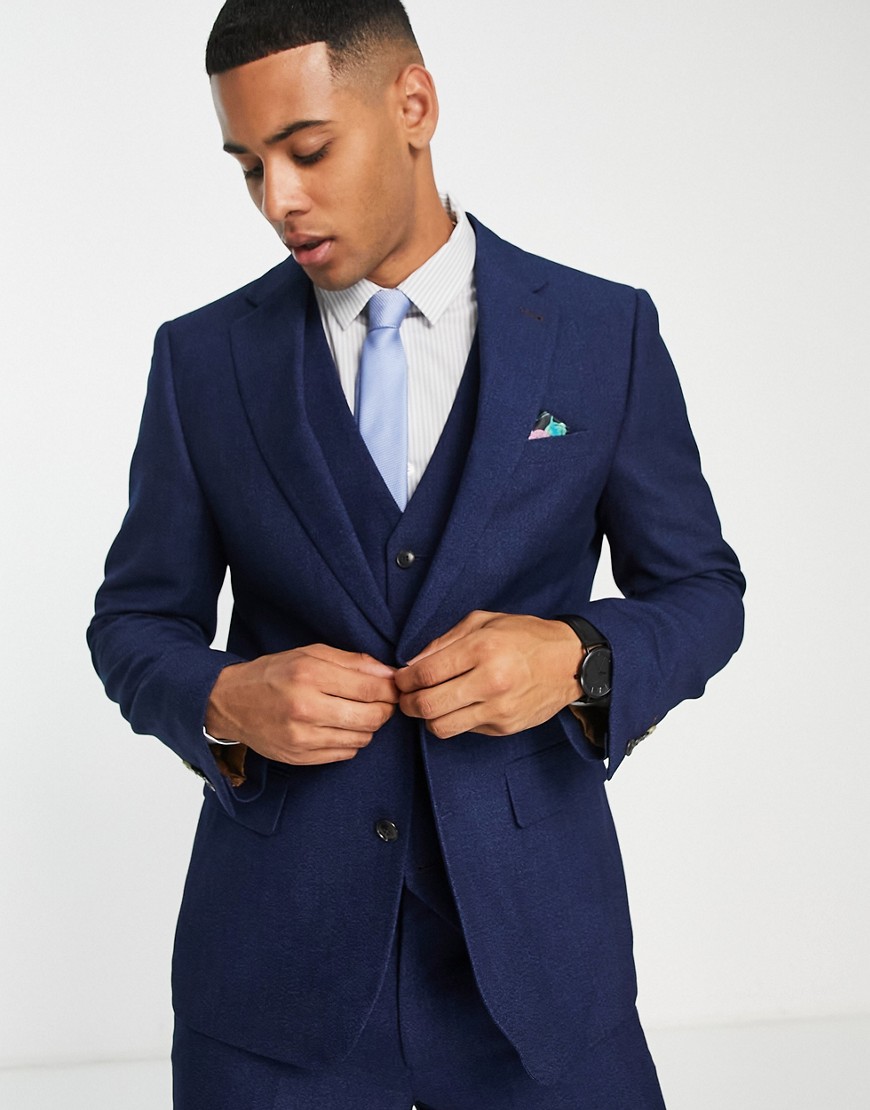 Harry Brown wedding slim fit suit jacket in blue melange-Navy