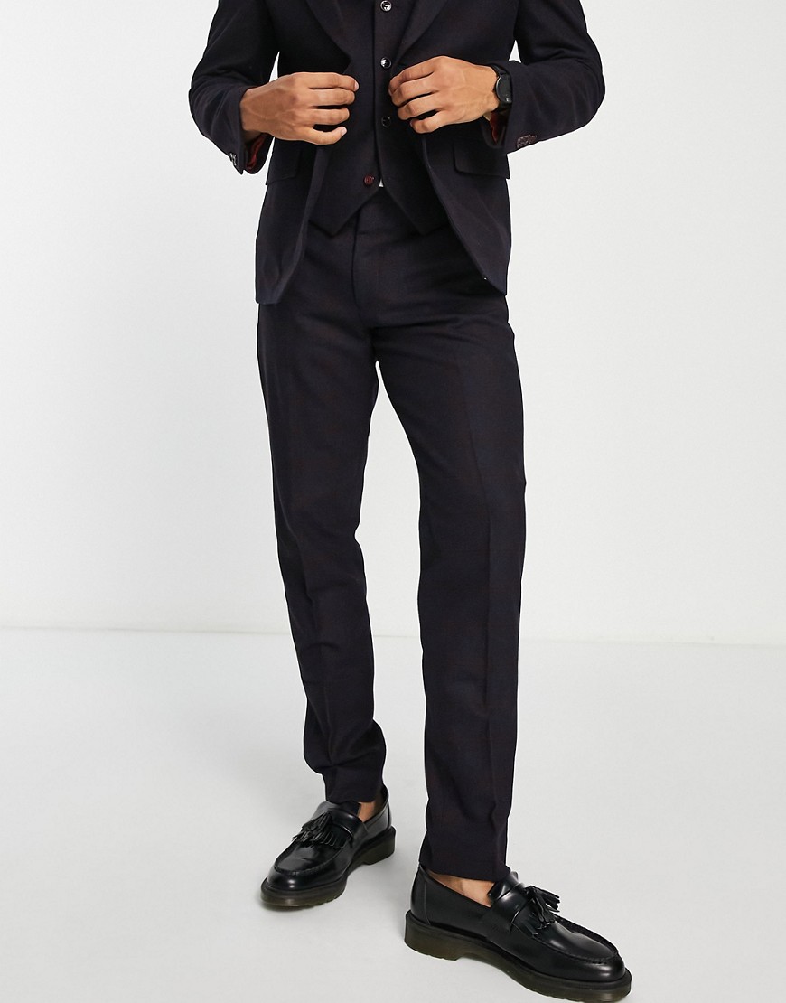 Harry Brown wedding slim fit tweed check wool mix suit trousers-Navy
