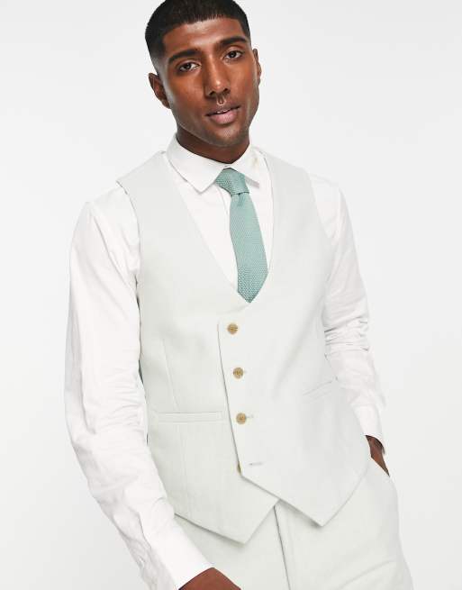 Harry Brown wedding slim fit tweed suit waistcoat in light green, 2 of 4