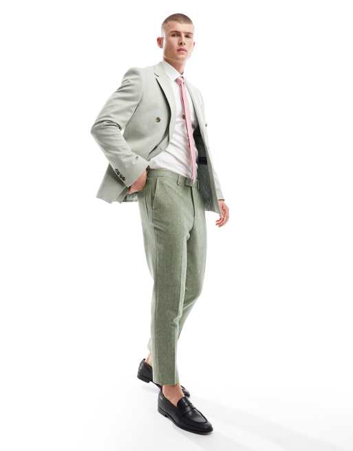 Harry Brown Wedding slim fit tweed wool mix ankle length suit pants in  green herringbone