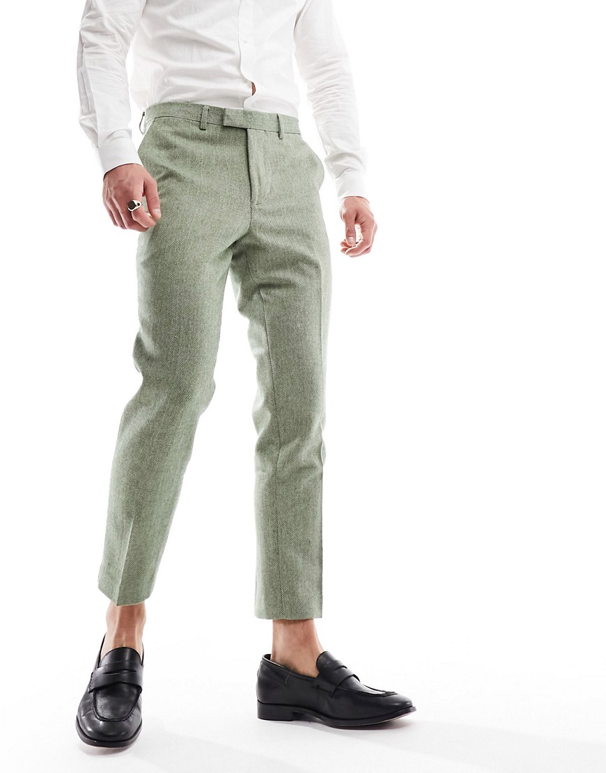 Harry Brown Wedding slim fit tweed wool mix ankle length suit trousers in green herringbone