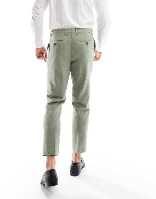 Harry Brown Wedding slim fit tweed wool mix ankle length suit trousers in  green herringbone