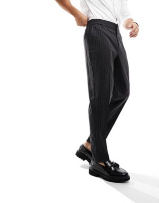 Harry Brown Wedding tweed elasticated waistband slim fit trousers in grey pinstripe