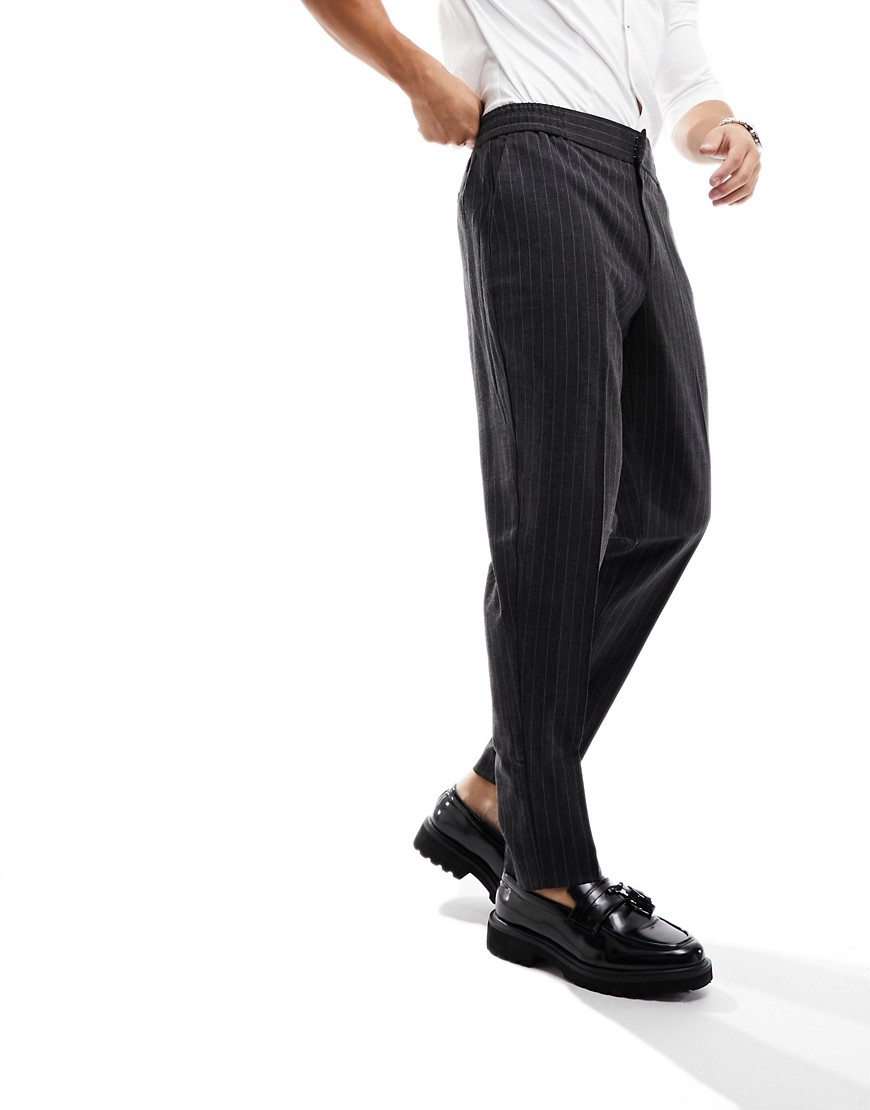 Harry Brown Wedding tweed elasticated waistband slim fit trousers in grey pinstripe