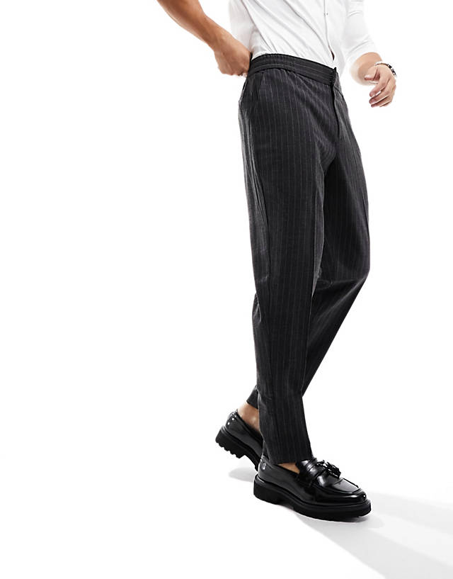 Harry Brown - wedding tweed elasticated waistband slim fit trousers in grey pinstripe
