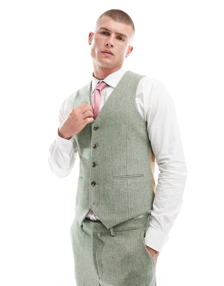 Wedding tweed slim fit vest in green herringbone