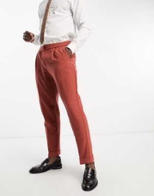 Harry Brown Harry Brown Wedding wool mix slim fit cropped trousers with elasticated waistband in rust