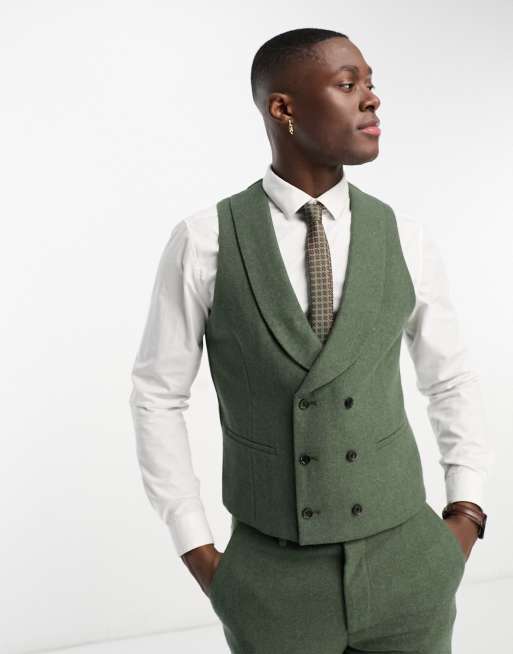 Harry Brown Wedding wool mix slim fit double breasted shawl lapel waistcoat in khaki ASOS