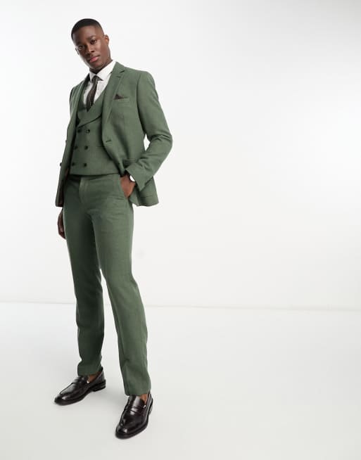 Harry Brown Wedding wool mix slim fit double breasted shawl lapel waistcoat in khaki, 2 of 5