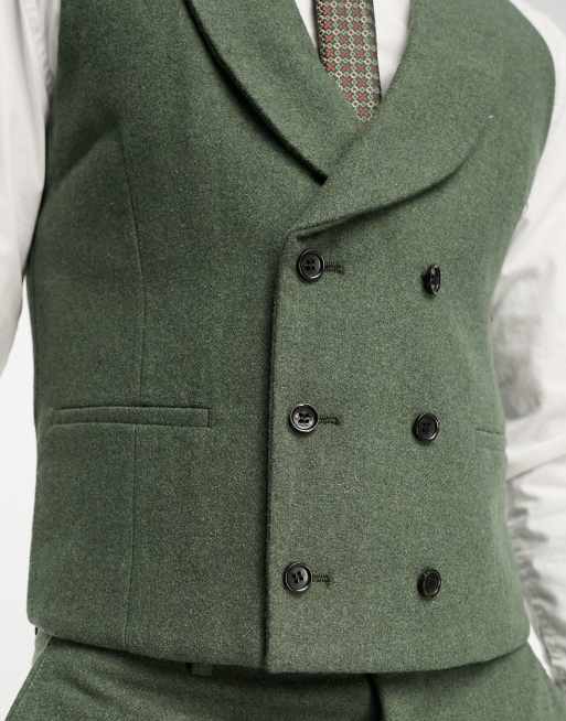 Harry Brown Wedding wool mix slim fit double breasted shawl lapel waistcoat in khaki, 4 of 5