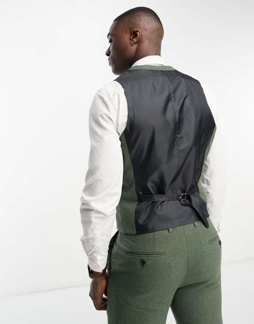 Harry Brown Wedding wool mix slim fit double breasted shawl lapel waistcoat in khaki, 5 of 5