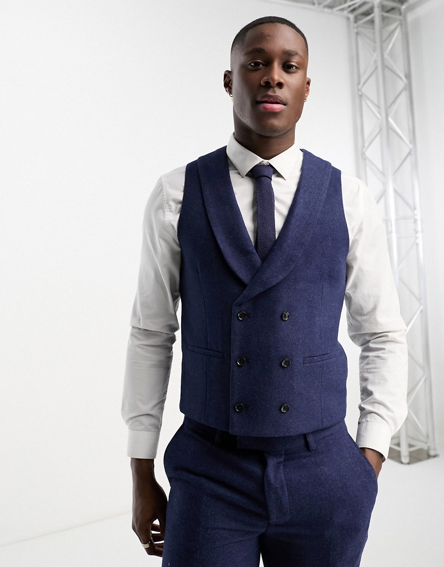 Harry Brown Wedding wool mix slim fit double breasted shawl lapel waistcoat in navy-Neutral