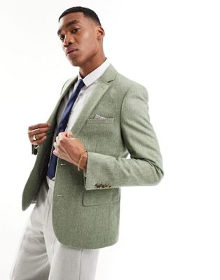 Harry Brown Wedding Wool Mix Slim Fit Suit Jacket In Green Herringbone
