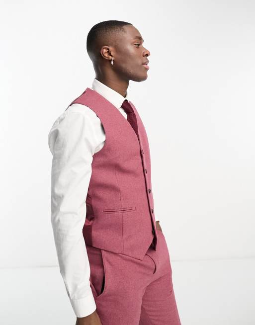 Harry Brown Wedding wool mix slim fit waist coat in berry | ASOS