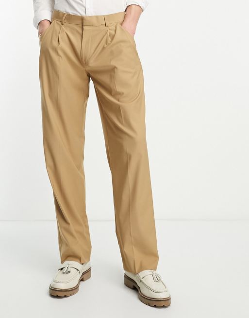 Harry Brown wide fit pleated smart pants in beige | ASOS