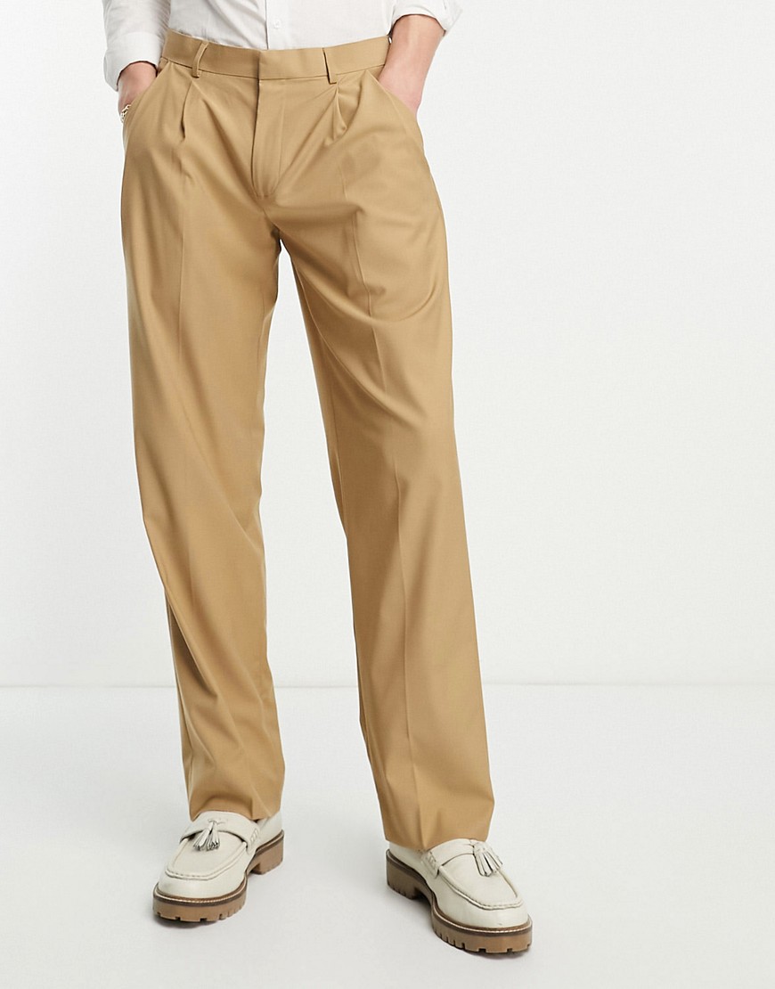 Harry Brown wide fit pleated smart trousers in beige