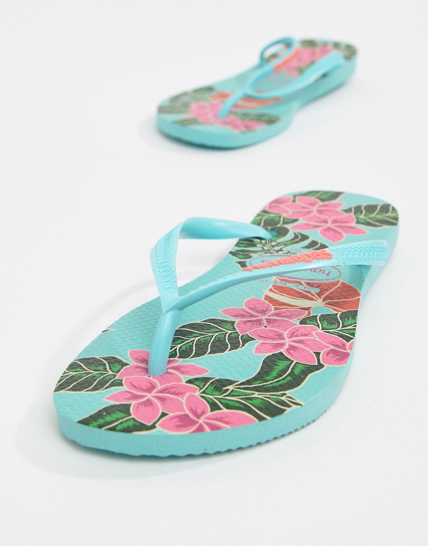 Havaianas – Blommiga flip flops med smal passform-Blå