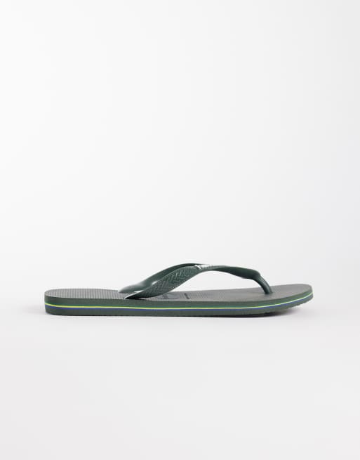 Havaianas Brazil logo flip flops in olive green, 2 of 4
