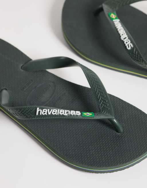 Havaianas Brazil logo flip flops in olive green, 3 of 4