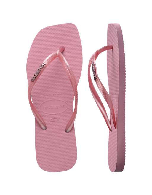 Havaianas slim square toe metallic logo flip flops in pink, 2 of 4