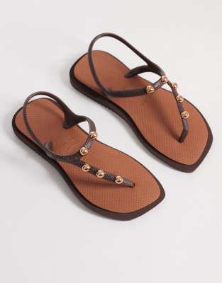 Havaianas Square Toe Studded Flip Flops In Brown