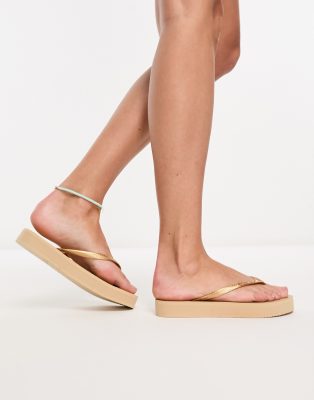 Havaianas - Zehenstegsandalen in Gold mit flacher Plateausohle-Goldfarben