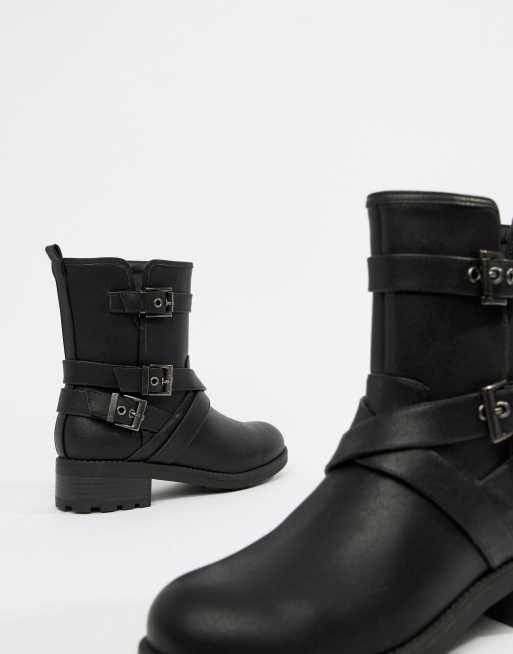 Head Over Heels by Dune Raakel Black Multi Buckle Biker Flat Calf Boots ASOS