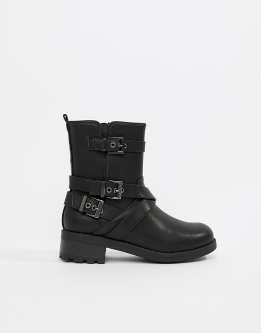 Head Over Heels by Dune Raakel Black Multi Buckle Biker Flat Calf Boots ASOS