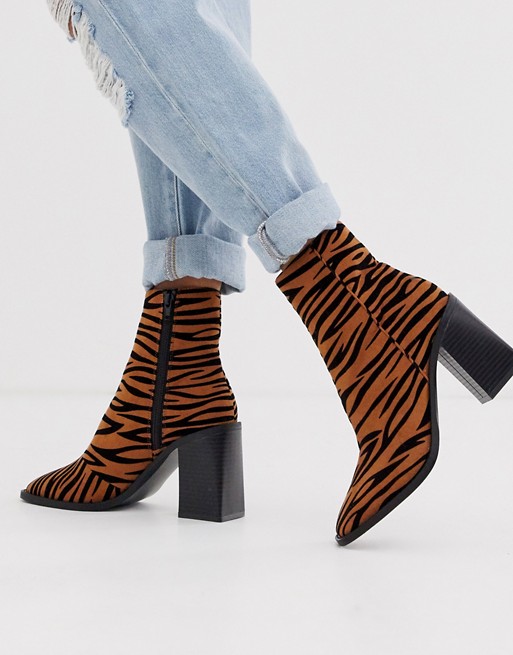 Head Over Heels Olivee tiger print heeled ankle boots with square toe