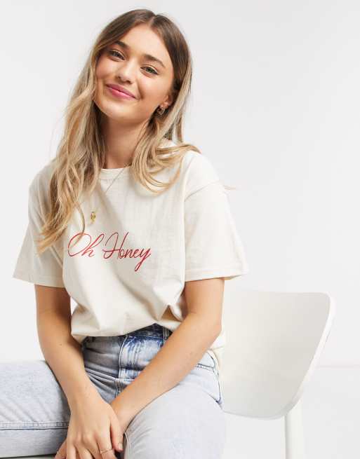 Hearbreak – Beżowy t-shirt oversize z napisem „Oh Honey”