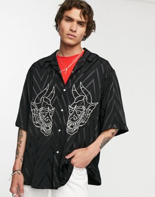 Heart & Dagger - Overhemd met chevronstrepen en borduursel in zwart-Marineblauw