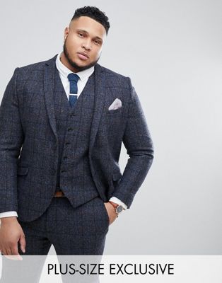 Heart & Dagger Plus Size – Rutig kostymjacka i harris-tweed med smal passform-Marinblå