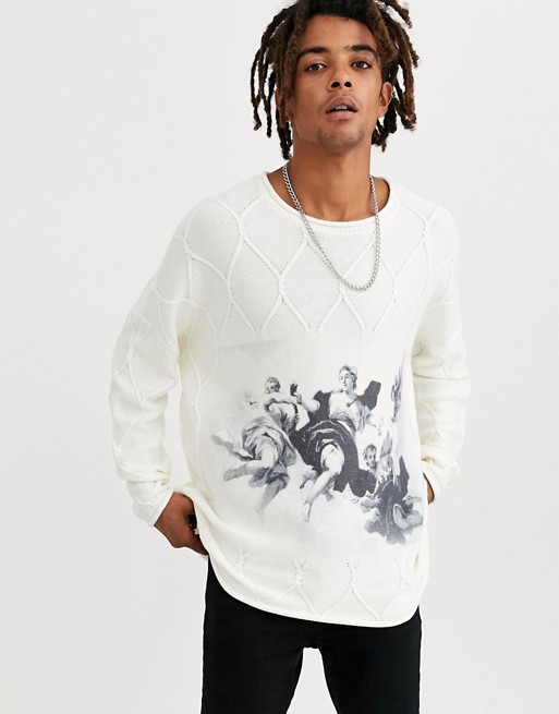 Heart & Dagger printed cable knit jumper in camel
