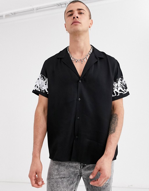Heart & Dagger shirt with sleeve print in black chiffon