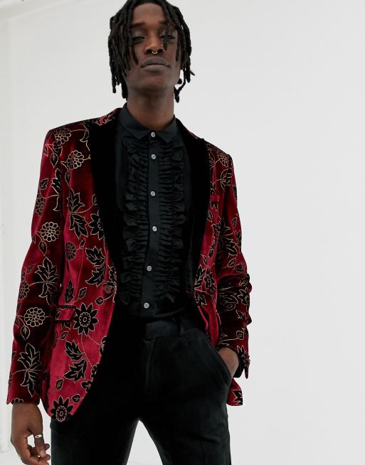 Heart & Dagger skinny fit blazer in burgundy floral velvet