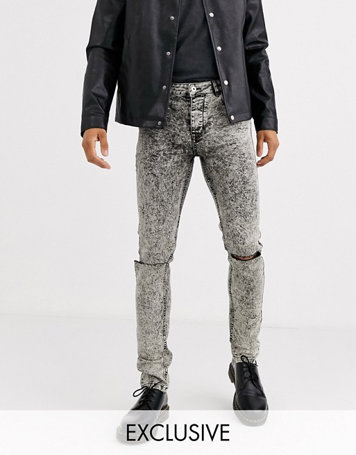 Heart & Dagger super skinny jeans in grey acid wash with rips