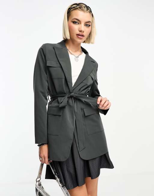 Grey belted outlet blazer