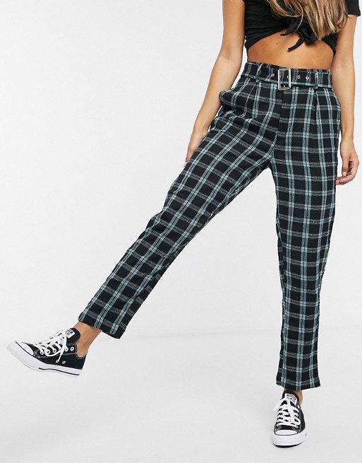 Heartbreak belted tailored trousers in black and green check